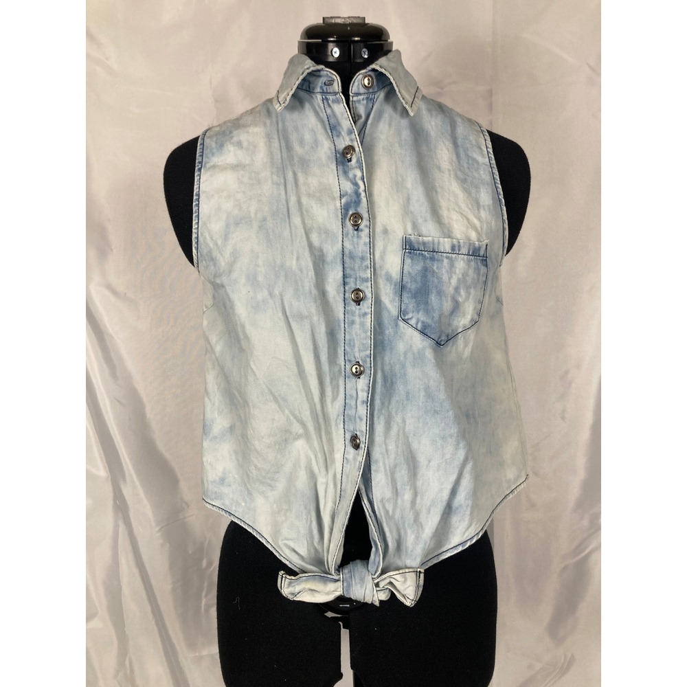 S MINE Light Blue White Acid Wash Lace Back Sleeveless Tie Front Top